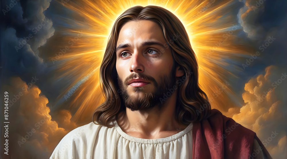 Portrait of Jesus Christ, son of God, Handsome bearded man, religious portrait, Christianity, holy background