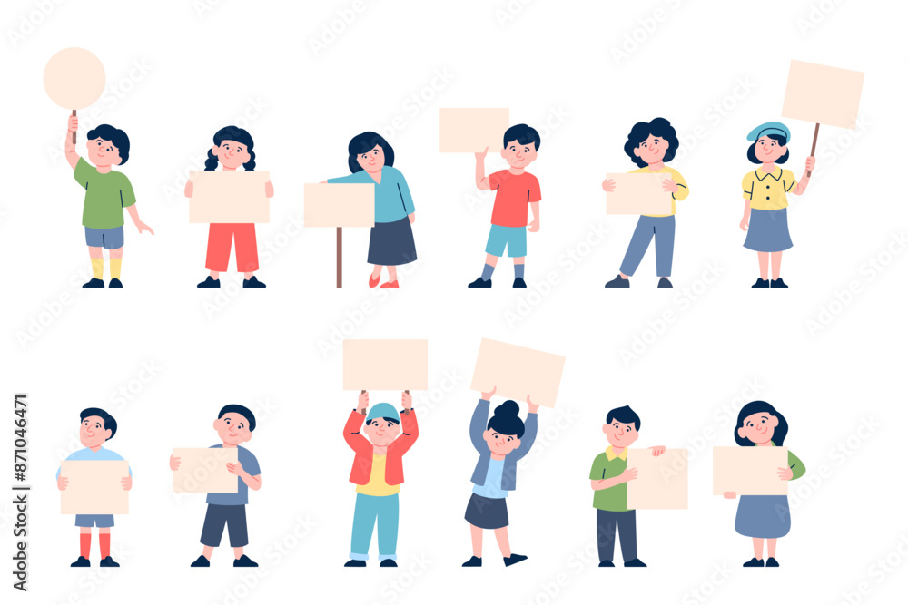 Kids with empty banners. Children hold different blank placards. Cute child on demonstration, cartoon little characters for ad, recent vector set Kids with empty banners. Children hold different blank placards. Cute child on demonstration, cartoon little characters for ad, recent vector set