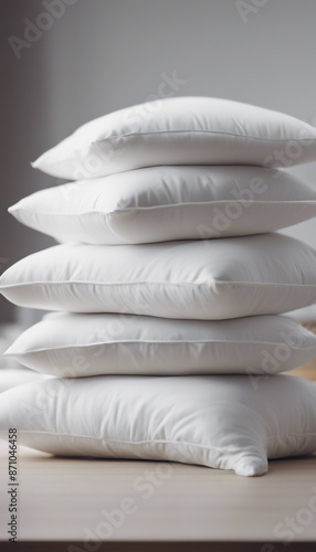 A stack of white pillows on a table The pillows are piled on top of each other creating a visually i