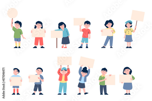 Kids with empty banners. Children hold different blank placards. Cute child on demonstration, cartoon little characters for ad, recent vector set