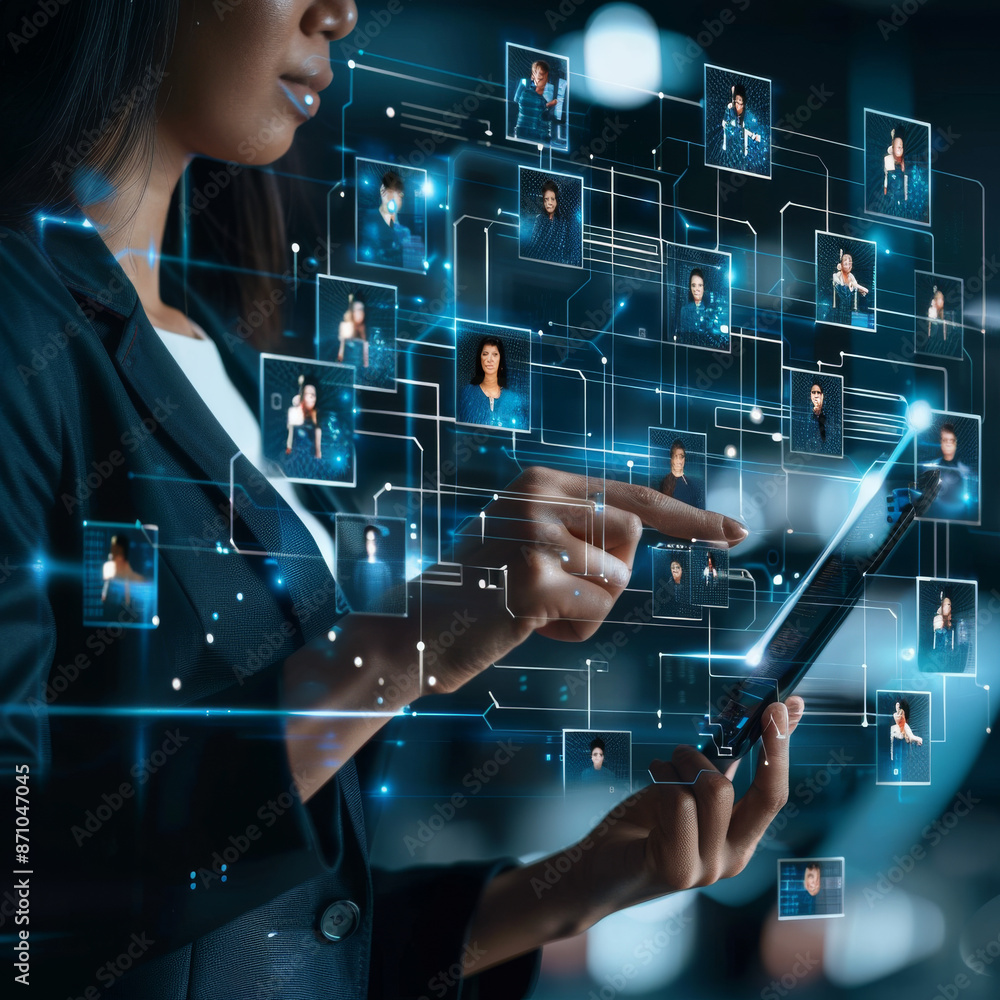 The concept of a Human Resource Information System (HRIS) and talent marketplace, with an HR manager scrolling through digital resumes on a virtual screen. The concept of a Human Resource Information System (HRIS) and talent marketplace, with an HR manager scrolling through digital resumes on a virtual screen.