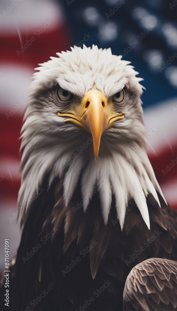 Obraz premium American Bald Eagle with USA flag on background 4th july independence day concept