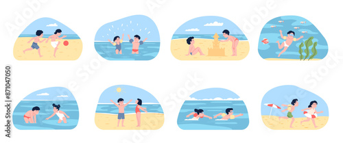 Kids on beach. Playing running and swimming underwater. Children play together in sand, seasonal games, recreational activities recent vector scenes
