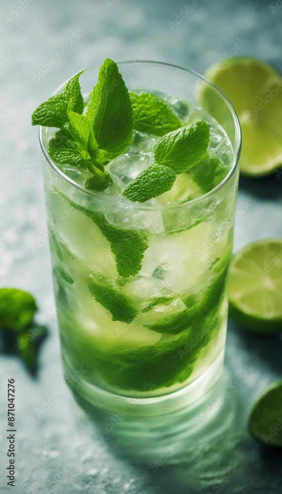 An overhead shot of a glass of classic mojito cocktail drink with a lime garnish on top The drink is An overhead shot of a glass of classic mojito cocktail drink with a lime garnish on top The drink is