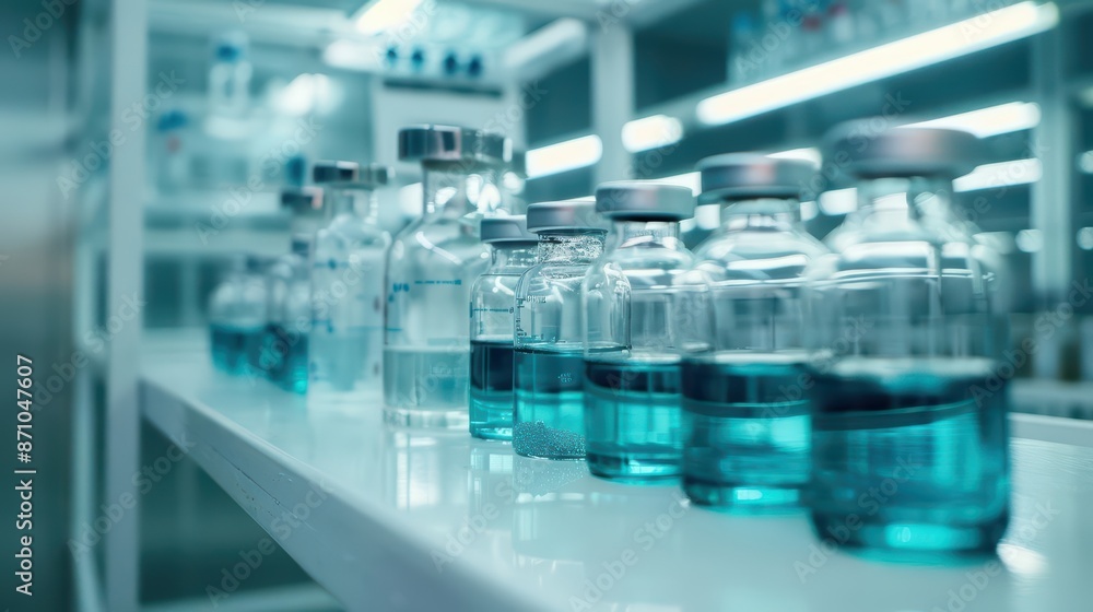 A hightech pharmaceutical lab where scientists synthesize drugs from spectral stones, unlocking supernatural cures for previously untreatable conditions, with copy space high tech A hightech pharmaceutical lab where scientists synthesize drugs from spectral stones, unlocking supernatural cures for previously untreatable conditions, with copy space high tech