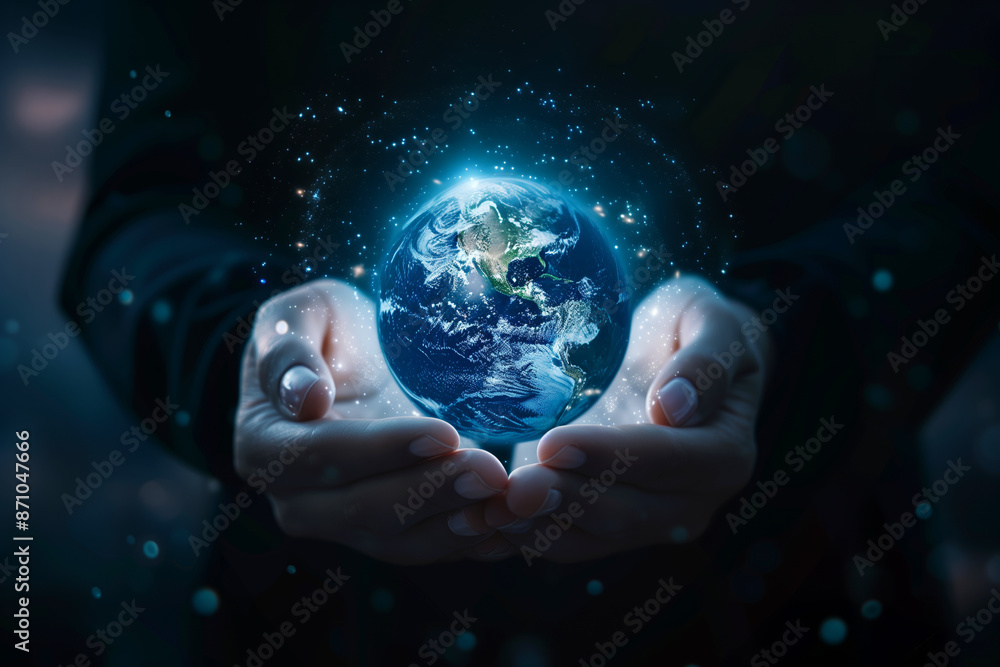 A pair of hands holding a glowing hologram of the earth in a dark background. A pair of hands holding a glowing hologram of the earth in a dark background.