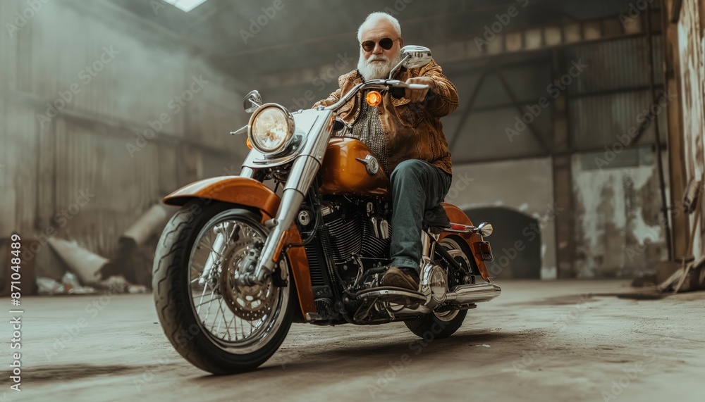 An elderly man confidently rides a motorcycle inside an old warehouse, evoking nostalgia and a love for adventure amidst a rustic, industrial setting. An elderly man confidently rides a motorcycle inside an old warehouse, evoking nostalgia and a love for adventure amidst a rustic, industrial setting.