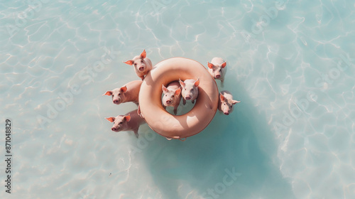These images showcase pink pigs in various water settings. From a line-up on a sandy beach to floating on an inflatable ring in clear water, and a family scene in shallow water with reeds. 