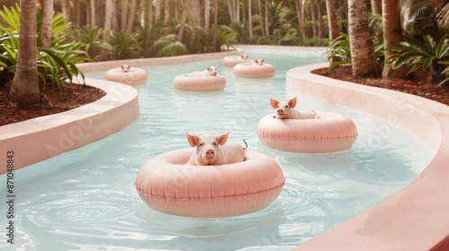 These images showcase pink pigs in various water settings. From a line-up on a sandy beach to floating on an inflatable ring in clear water, and a family scene in shallow water with reeds. 