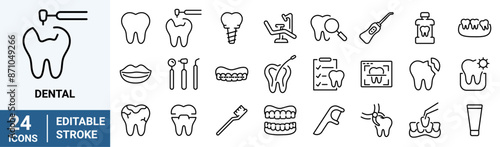 Set of 24 outline icons related to dental. Linear icon collection. Editable stroke. Vector illustration