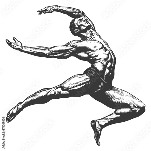 gymnast athlete man in action with engraving style