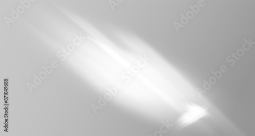 Glare from the sun's rays on the wall. Blurred shadows from leaves and plants in the room. Soft overlay of natural light. Abstract background for product presentation.Natural light layout.