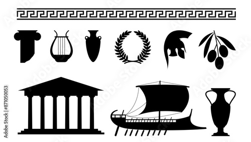 Greek style elements and symbols black silhouettes. Traditional ornament column helmet and antique vases. Greece olives branch, icons vector set