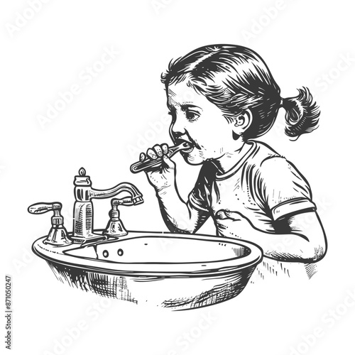 little girl brushing his teeth in front of the sink with engraving style