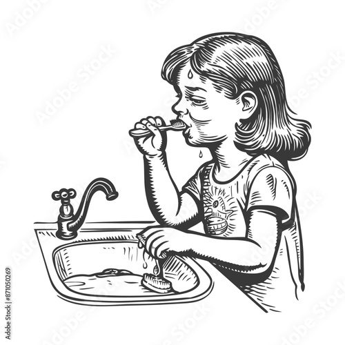 little girl brushing his teeth in front of the sink with engraving style
