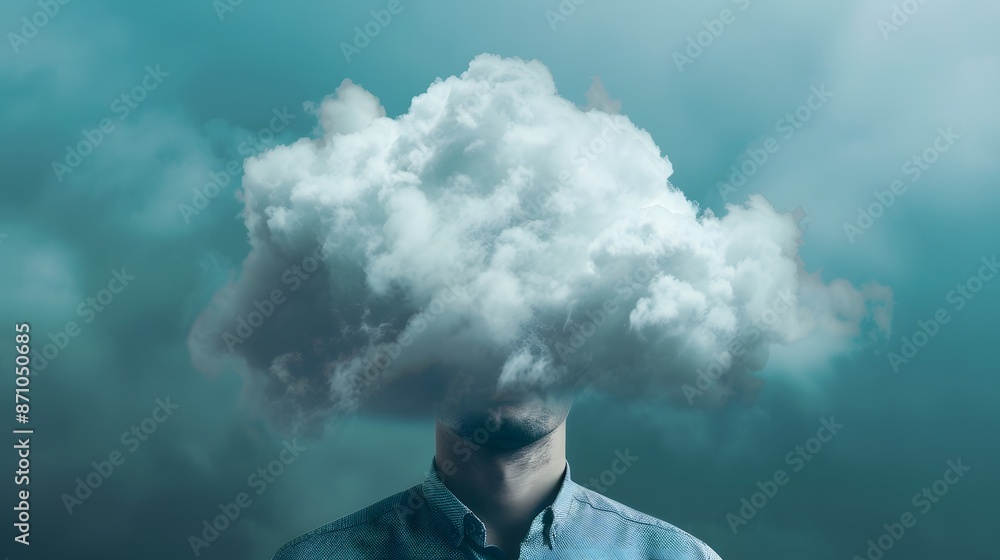 Man head in clouds, depression and fatigue at work. Man with cloud over his head depicting solitude and depression Man head in clouds, depression and fatigue at work. Man with cloud over his head depicting solitude and depression
