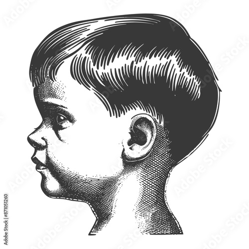 little boy head single head seen from the side with engraving style photo