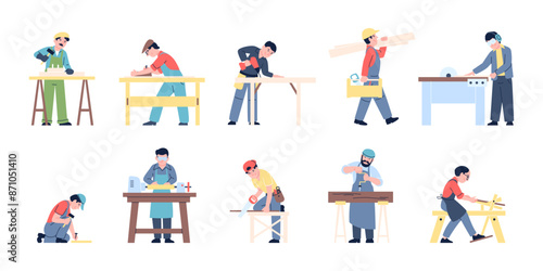 Flat carpenter characters. Men working in wooden industry. Cartoon joiners and carpenters at work. Craftsman in carpentry workshop recent vector set