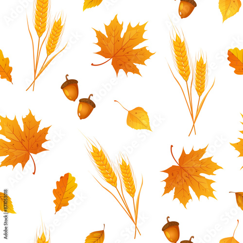 Autumn seamless pattern with season leaves such as maple and oak leaves, acorns, ears of wheat etc.
