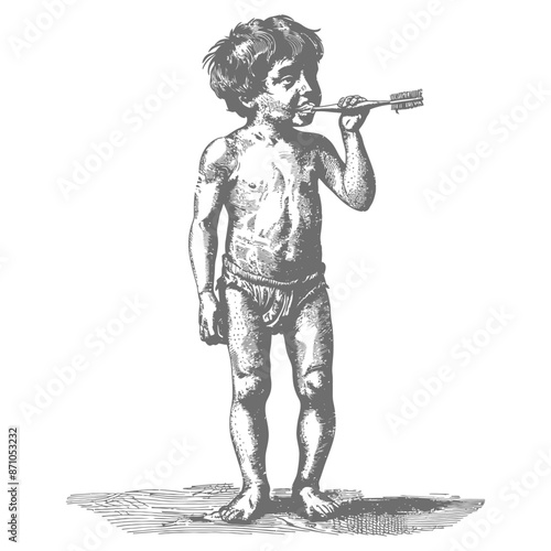 Engraved Child in Loincloth Blowing Whistle, Antique Illustration.