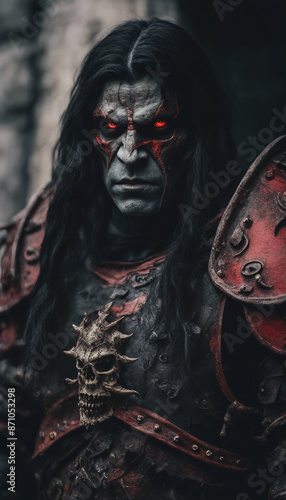 Portrait of a half elf half orc warrior with red painted face and wearing a black armor human skulls photo