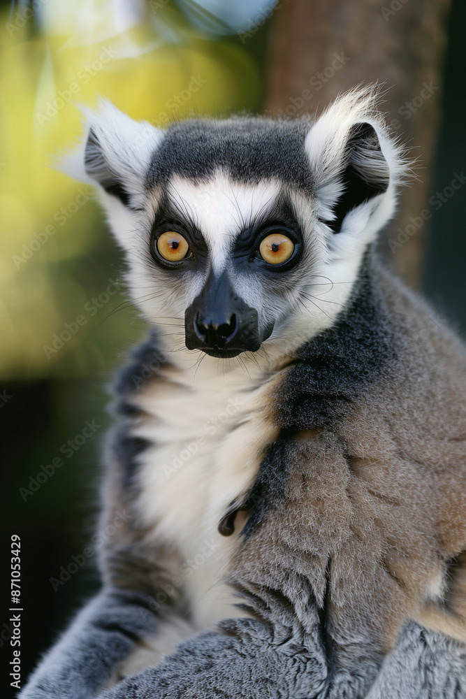 Portrait of Ring-Tailed Lemur with Intense Eyes and Detailed Fur in Natural Habitat Portrait of Ring-Tailed Lemur with Intense Eyes and Detailed Fur in Natural Habitat