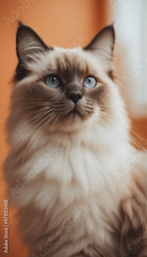 Portrait of a ragdoll cat sitting on a light orange background looking up with copy space for text