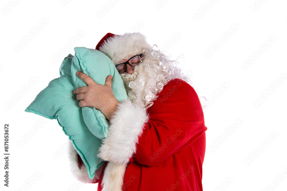Obraz premium Horrible dream. Santa Claus with pillows. White background.