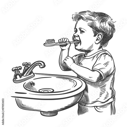Sketch of a young boy brushing his teeth at a sink, engraved illustration.