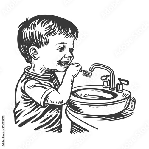 Engraved: Little Boy Brushing Teeth at Round Sink, Early Hygiene.