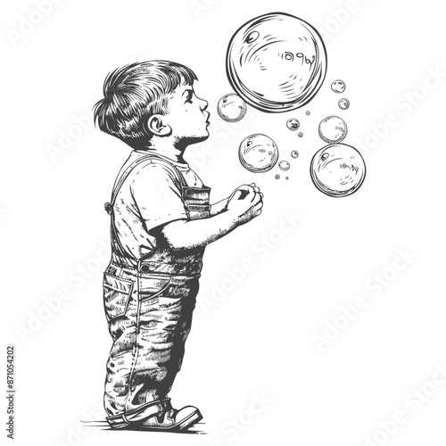 Sketch of Boy Blowing Bubbles, Nostalgic Childhood Illustration on White.