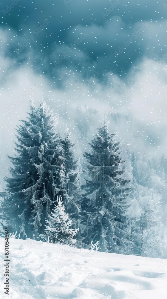Fototapeta premium snowy landscape with trees and snow flakes