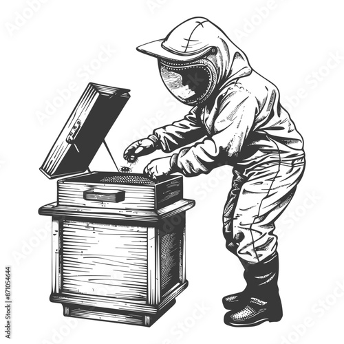 Engraved Beekeeper Inspecting Hive, Protective Suit, Detailed Vintage Illustration
