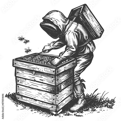 Engraved Beekeeper Tending Hive, Protective Suit, Smoker Box, Vintage Illustration.