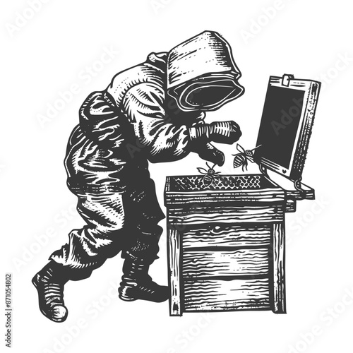 Engraved Beekeeper Inspecting Hive: Protective Suit, Honeycomb Box, Bees Flying.