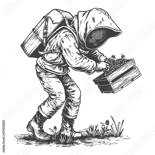 Sketch of Beekeeper: Harvest, Crate, Protective Suit, Grass.