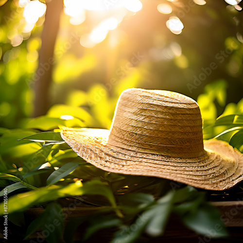 A straw hat resting on the grass, illuminated by the warm glow of a setting sun, embodies a relaxed summer day
