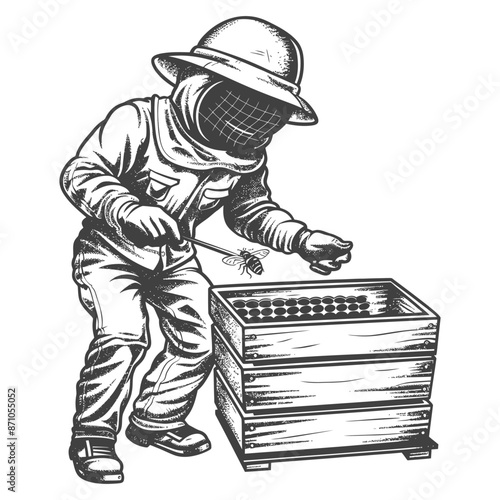 Engraved Beekeeper Tending Hive: Vintage Illustration, Protective Suit, Honeycomb Box.