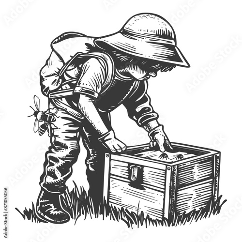 Engraved Beekeeper: Child with Bee Box, Vintage Honey Harvest Illustration