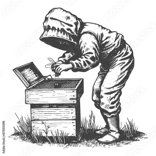 Engraving of Beekeeper Inspecting Hive, Protective Suit, Sketch Style