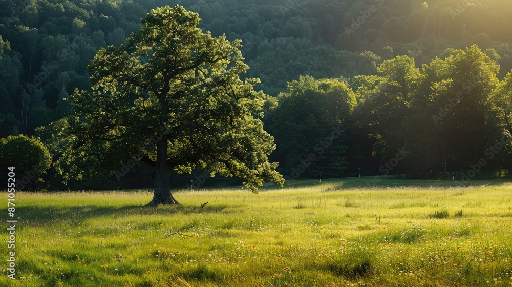 Fototapeta premium A tranquil meadow with a single, majestic tree providing shade, illustrating protection and strength.