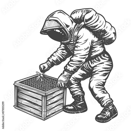 Engraved Beekeeper Astronaut: Future of Pollination, Space Suit Hive Inspection.