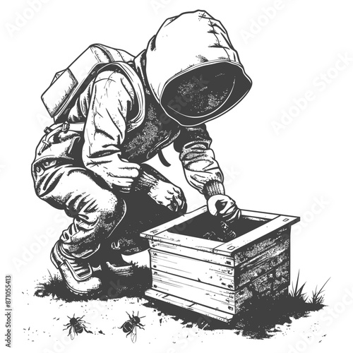 Sketched Beekeeper: Hooded Figure Tending Hive, Grayscale Illustration.