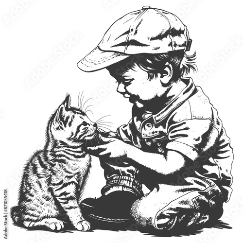 Ink Drawing: Little Boy in Cap Gently Touching Kitten's Nose, Affectionate Moment.
