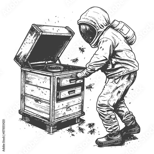 Engraving: Beekeeper in Protective Suit Inspecting Hive, Swarming Bees.
