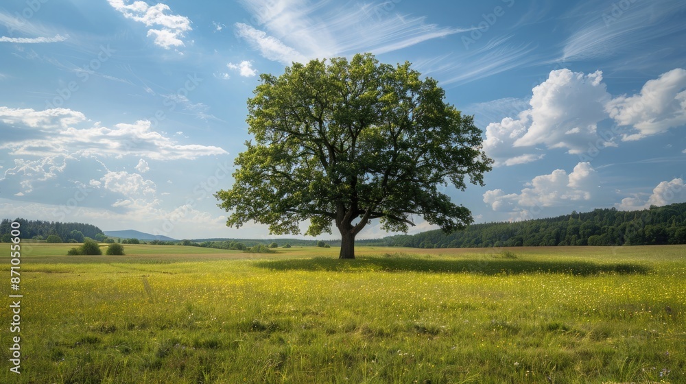 A tranquil meadow with a single, majestic tree providing shade, illustrating protection and strength. A tranquil meadow with a single, majestic tree providing shade, illustrating protection and strength.