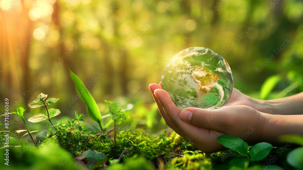 Environmental protection concept. Globally sustainable with energy from renewable natural resources. The hand holding the world and trees in its palms. Environmental protection concept. Globally sustainable with energy from renewable natural resources. The hand holding the world and trees in its palms.