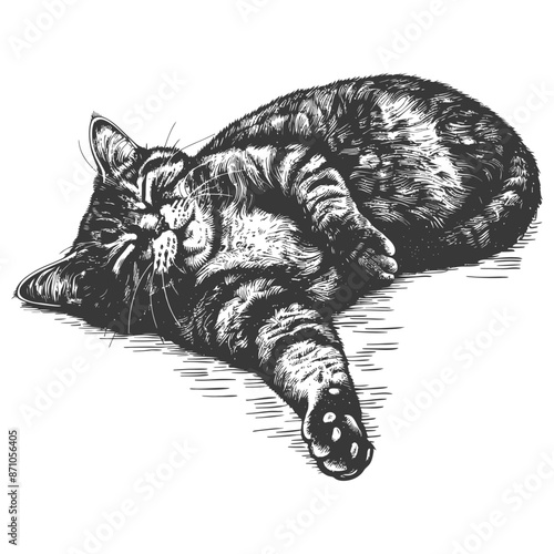 Engraved Tabby Cat: Blissful Nap, Curled Paws, Detailed Illustration