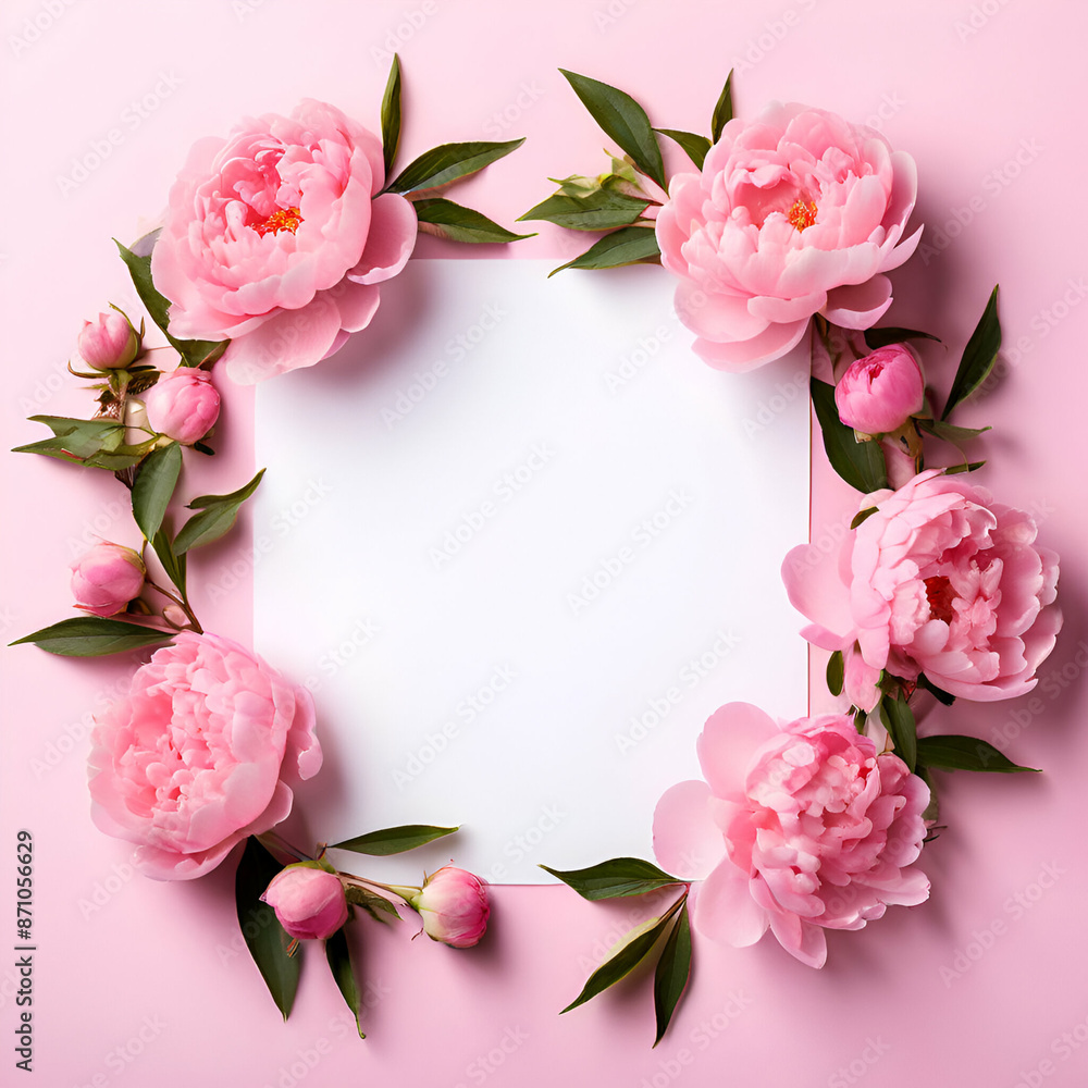 an aesthetic Valentine's Day and Mother's Day mockup template, featuring a wreath made of pink peonies flowers and a blank square paper sheet on a pink background
an aesthetic Valentine's Day and Mother's Day mockup template, featuring a wreath made of pink peonies flowers and a blank square paper sheet on a pink background