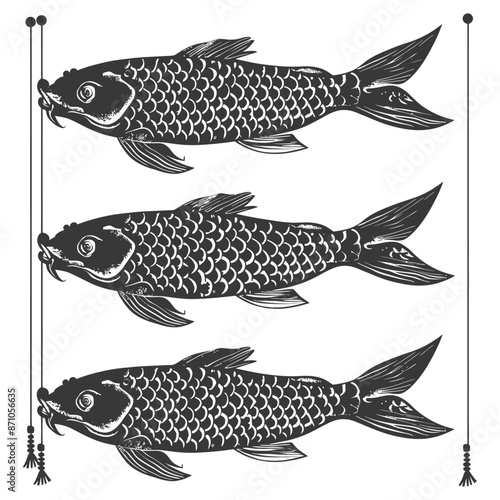 Three Koi Carp Banners, Traditional Japanese Woodcut Style Illustration.